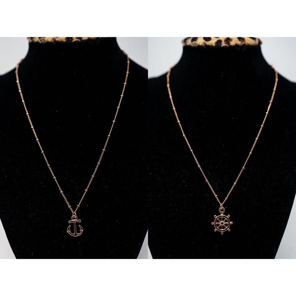 2 necklaces Gold tone chain necklace nautical anchor and ships wheel 16-18" adj